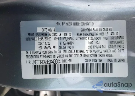 2014 Mazda Cx-9 Grand Touring из США, поврежденный, VIN JM3TB2DA3E0443604